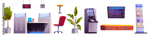 Bank office with customer service interior furniture and equipment. Cartoon vector illustration set of financial center elements - manager desk, atm and brochure rack, plants and waiting bench.