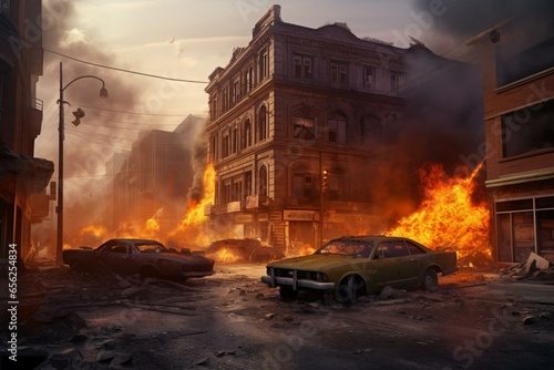 Fire, smoke, destroyed buildings, city street, burning cars, attack, fantasy. Generative AI © Celestina