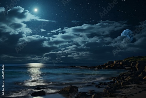 Nighttime seascape featuring clouds, moon, and stars. Generative AI