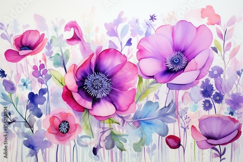 Vibrant floral art with purple watercolor blooms. Generative AI