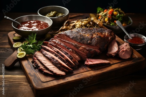 Sliced BBQ brisket served with sides. Generative AI