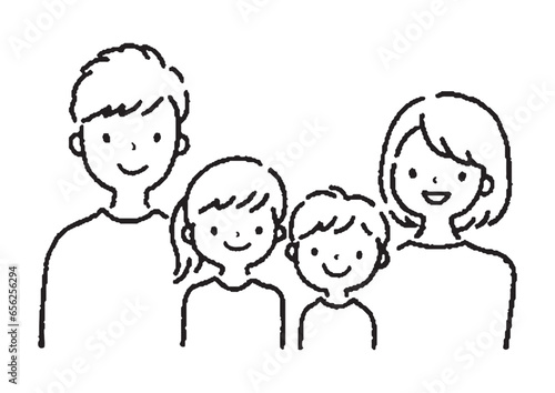 シンプルな線画の白黒家族イラスト・Simple line drawing black and white family illustration photo
