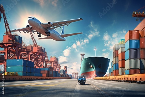 Port with cargo ship and airplane, freight concept camera emerges from container with port cargo ship and airplane, 2023. Generative AI
