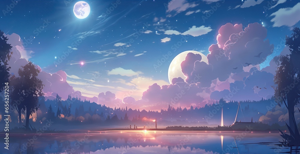 Beautiful night with star and moon in fairytale theme in digital art painting style  - obrazy, fototapety, plakaty 