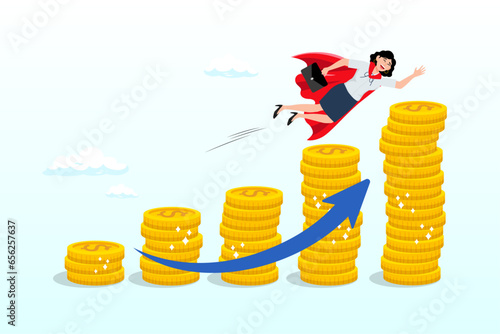 Success businesswoman super heroine flying up money coins stack, money growth investment growing profit, compound interest, financial planning, increase revenue or income, wealth accumulation (Vector)