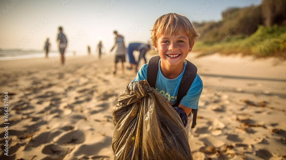 © JKLoma - Young boy volunteer smiling looking at a camera picking up a plastic litter on a beach. © JKLoma - Young boy volunteer smiling looking at a camera picking up a plastic litter on a beach.