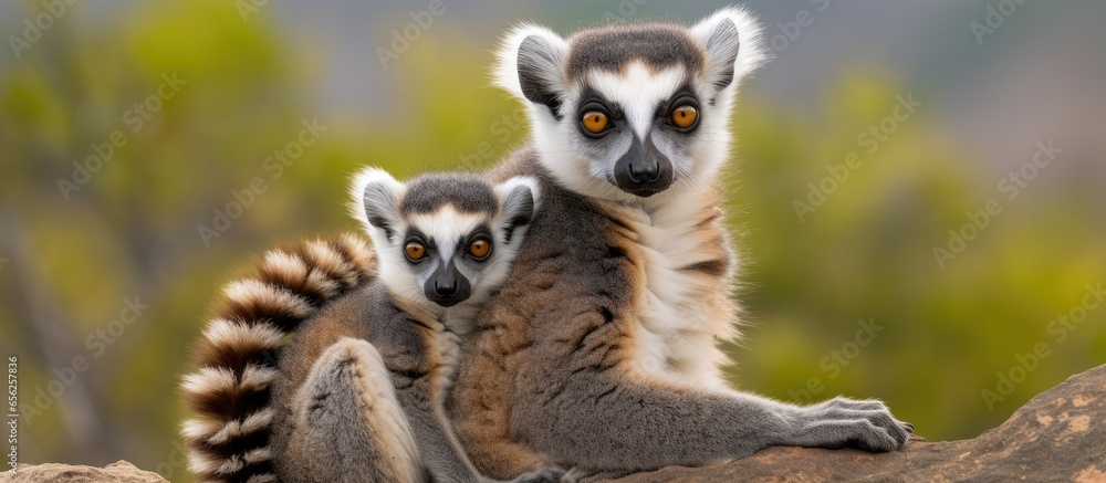 Fototapeta premium Endangered mother and baby ring tailed lemur Madagascars Anja Comunity Reserve