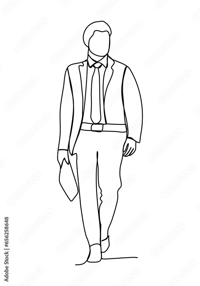 Man in business suit, full length. One line drawing, vector illustration. Man in business suit, full length. One line drawing, vector illustration.