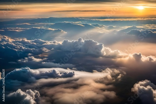 Dramatic white clouds and blue sky from airplane window view Colorful sunset - AI Generative