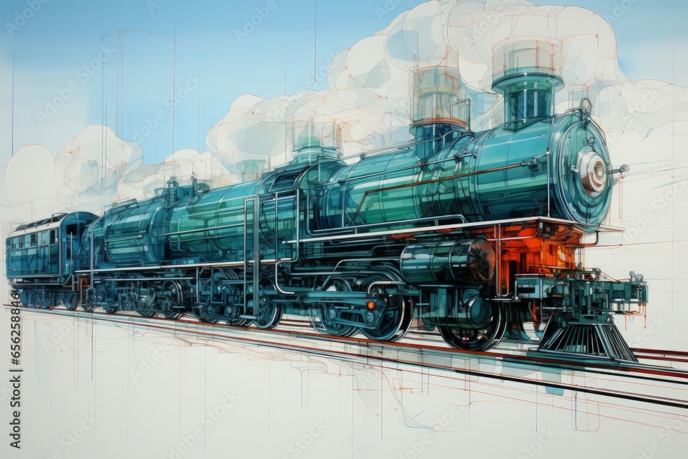スケッチ風の蒸気機関車,Generative AI AI画像 - obrazy, fototapety, plakaty 