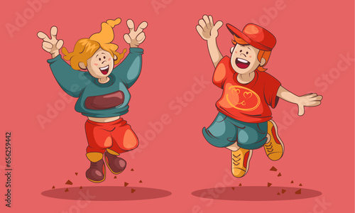 Happy girl and boy jump cartoon kid vector character illustration. Child have fun on party. Young friends clipart. Excited, positive funny dance celebrate and jumping teenage student in friendship