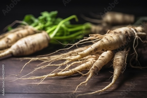 Raw salsify roots on table closeup view  photo
