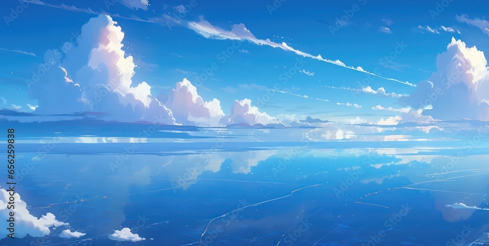 summer blue ocean with clear blue sky illustration in anime background style,Digital art painting style  - obrazy, fototapety, plakaty 