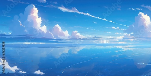 summer blue ocean with clear blue sky illustration in anime background style,Digital art painting style 