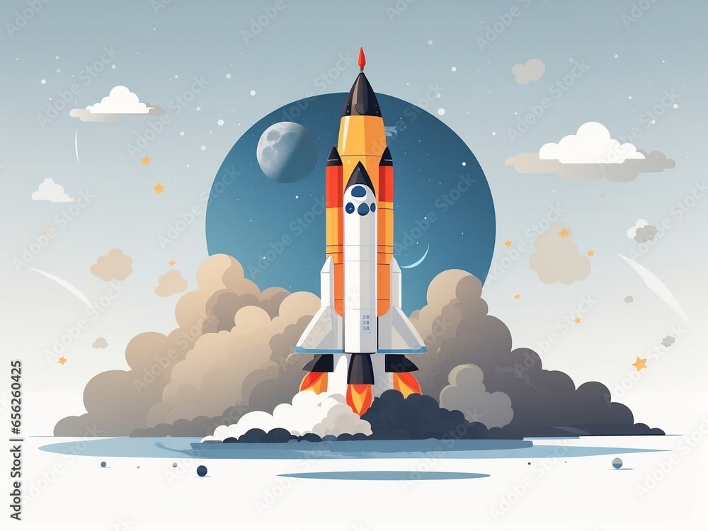 Fototapeta premium Rocket on the Moon Flat Vector Illustration