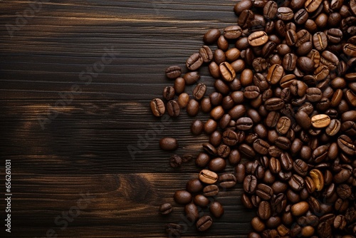 coffee beans on wooden table with scattered beans on brown surface and black border. Generative AI