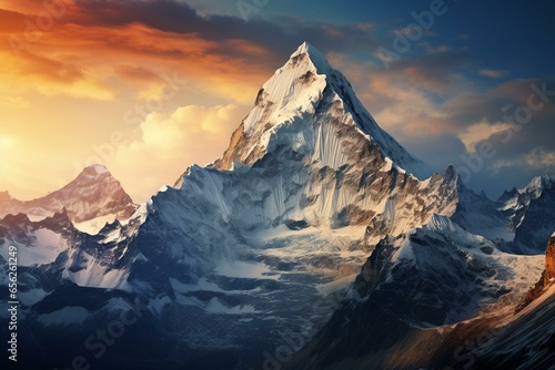 A scenic view of a high mountain peak overlooking a vast expanse. Generative AI