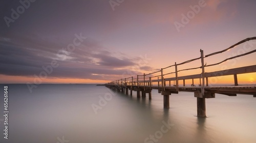 long pier stretching into the ocean at sunset © akarawit