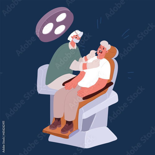 Cartoon vector illustration of professional dentist in medical mask and latex gloves examining teeth of male patient with open mouth