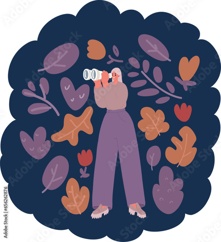 Cartoon vector illustration of Happy pretty woman looking through pretend binoculars.