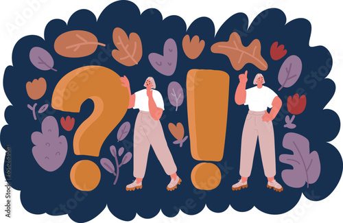 Cartoon vector illustration of People Characters Standing near Exclamations and Question Marks. Woman and Man Ask Questions and receive Answers. Online Support center.