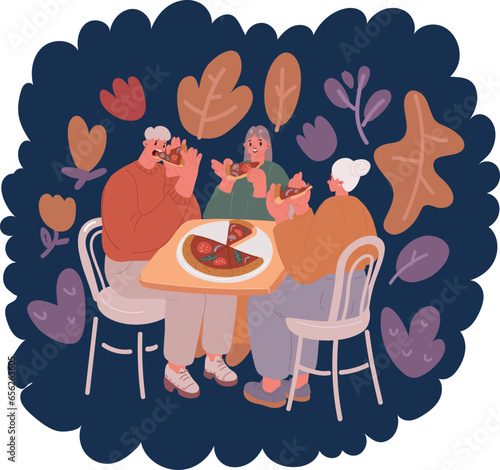 Cartoon vector illustration of group of friends are having pizza together.