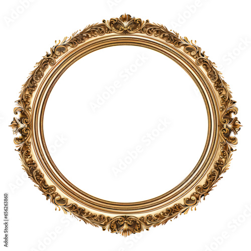 Antique carved gilded oval shape frame isolated on transparent background. Vintage golden rectangle frame for photo, Artistic gold frame with curved shapes, Decorative vintage frame and border