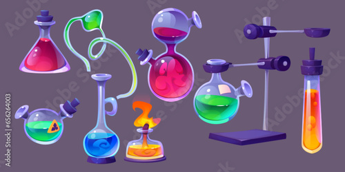 Science lab beaker for chemistry experiment vector set. School chemical laboratory equipment isolated on background. glass flask object for medicine research and test. Burner and glassware element