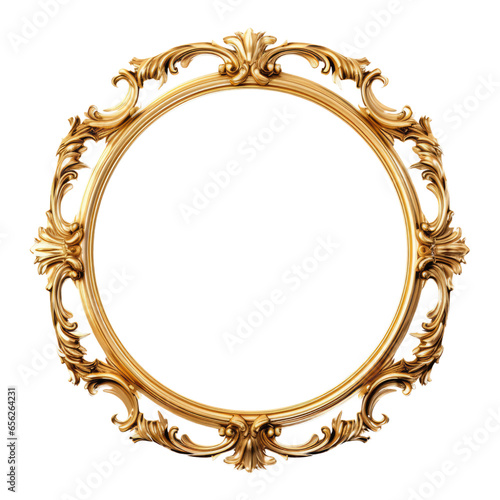 Antique carved gilded oval shape frame isolated on transparent background. Vintage golden rectangle frame for photo, Artistic gold frame with curved shapes, Decorative vintage frame and border