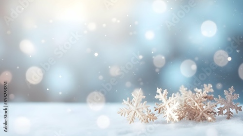 Snowflake background. Close up of winter snow. Christmas background. Copy space for text. Generative AI.