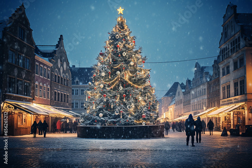 Image of christmas celebration tree in modern and classical design in the street and nature and interior