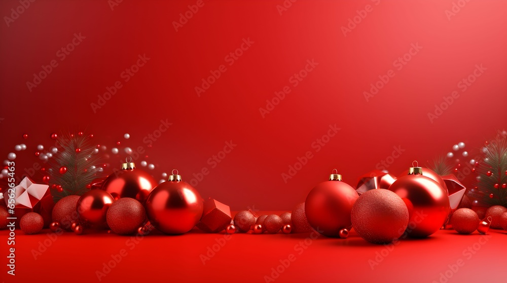 Christmas and New Year holiday background. Red background with Christmas tree decorations and copy space. Generative AI. Christmas and New Year holiday background. Red background with Christmas tree decorations and copy space. Generative AI.