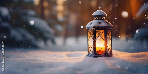 Christmas lantern on the snow. Winter season background and copy space. Generative AI.