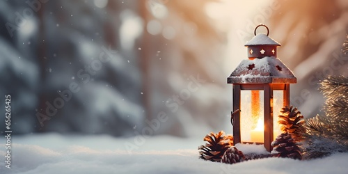 Christmas lantern on the snow. Winter season background and copy space. Generative AI. © 亜矢子 松林