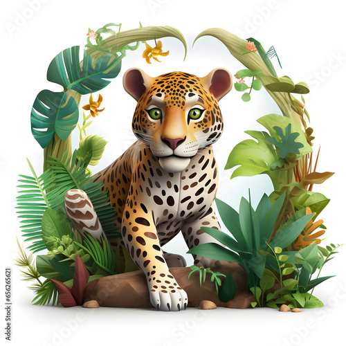 Cartoon 3d of jaguar in the jungle isolated on white