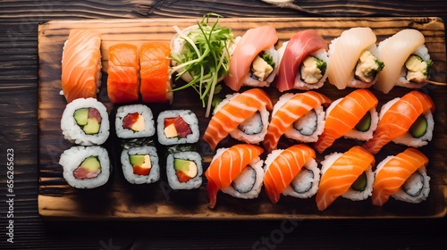Background of many sushi such as salmon and tuna. Generative AI.