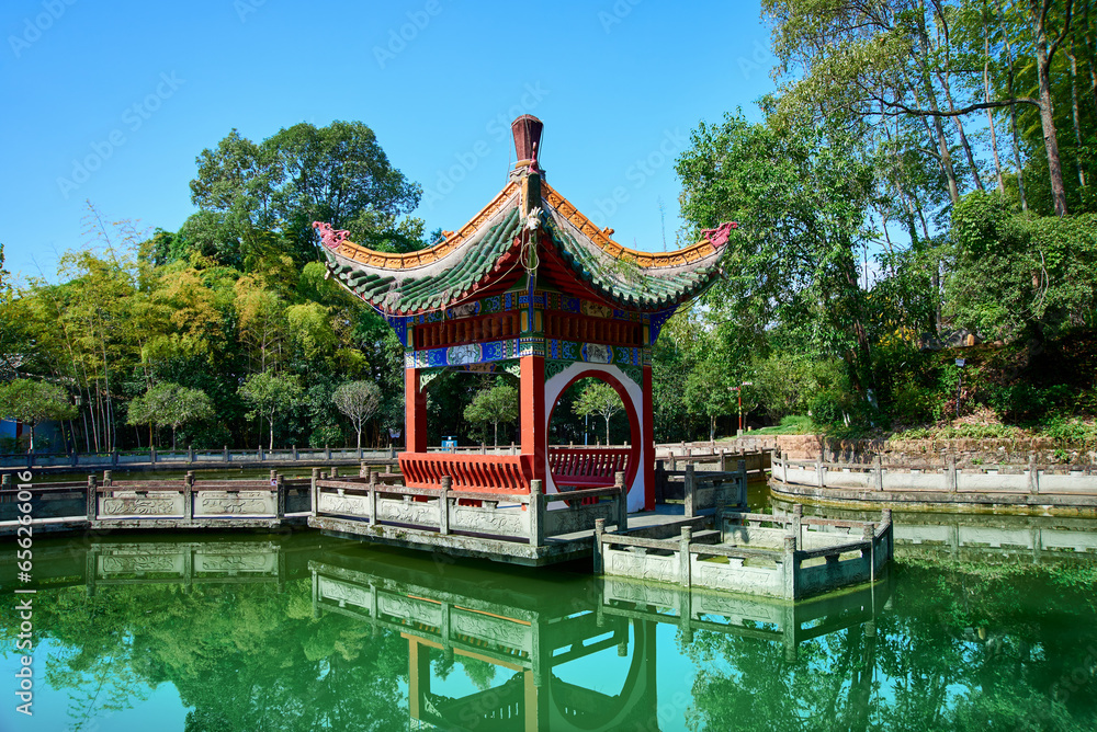 Pavilion at Jinping Mountain Lotus Pond, Langzhong Ancient City, Sichuan, China Pavilion at Jinping Mountain Lotus Pond, Langzhong Ancient City, Sichuan, China