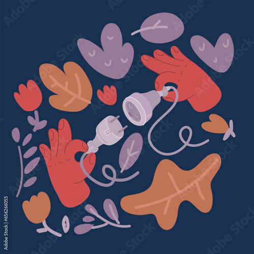 Cartoon vector illustration of handling by hand of plugs. Turn off and on. Put out the light