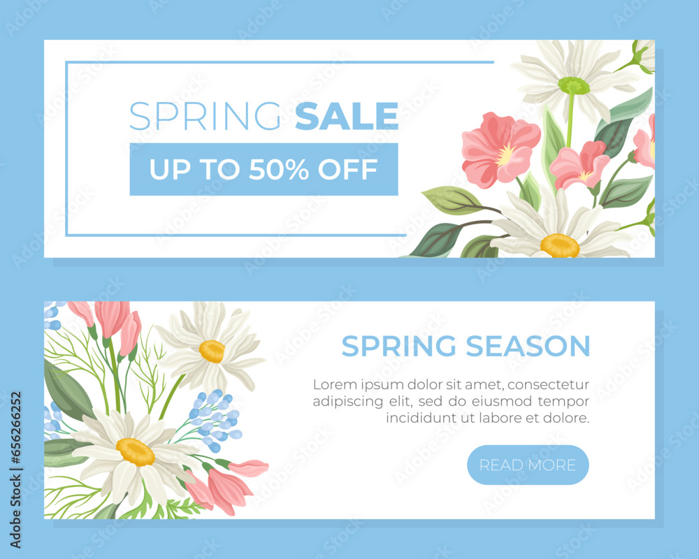Fototapeta premium Daisy Flower Sales Flyer Design with Meadow Flora Vector Template