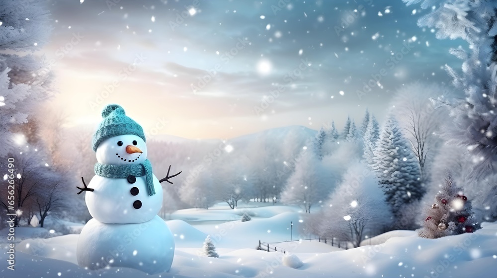 Obraz premium Background with snowman and copy space. A snowy landscape. Christmas concept. Generative AI.