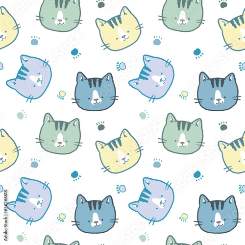 Seamless Pattern of Cute Cartoon Cat Face Design on White Background