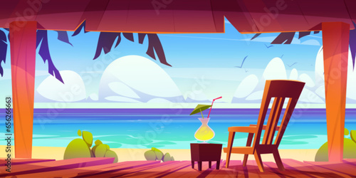 Terrace with beautiful sunny seascape view. Vector cartoon illustration of wooden patio in bungalow house with armchair and cocktail glass on table, palm tree leaves, sandy beach, blue ocean water