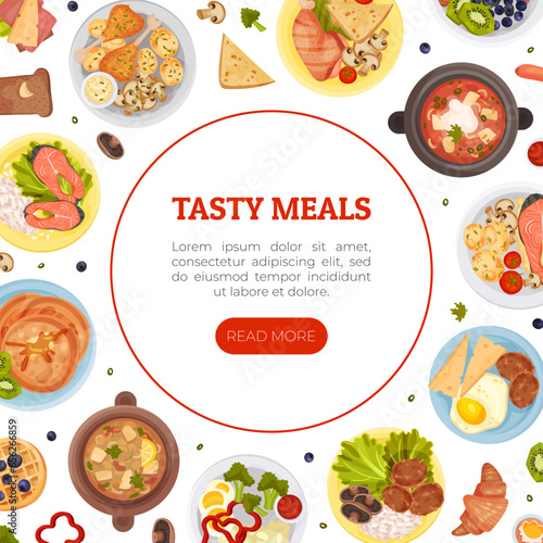 Different Food Banner Design with Tasty Dish Served on Plate Vector Template