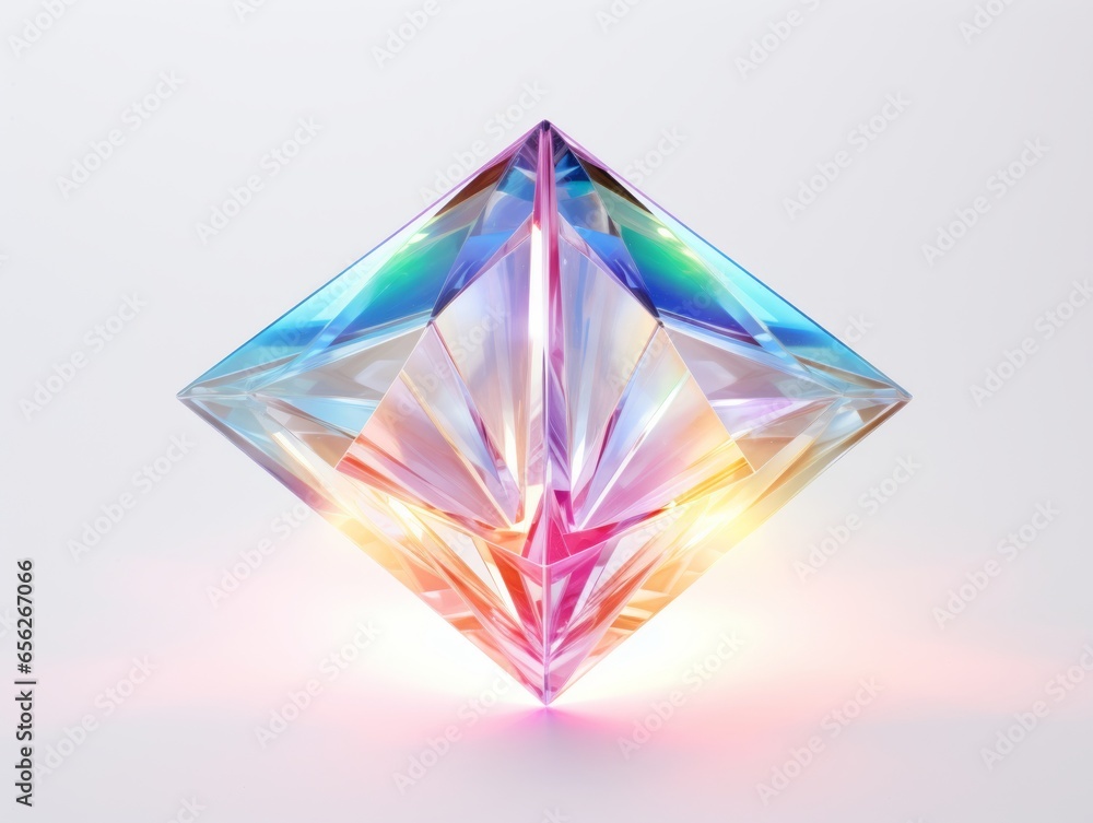 Crystal neon foil holographic triangles, geometric and polygonal shapes on white background Crystal neon foil holographic triangles, geometric and polygonal shapes on white background