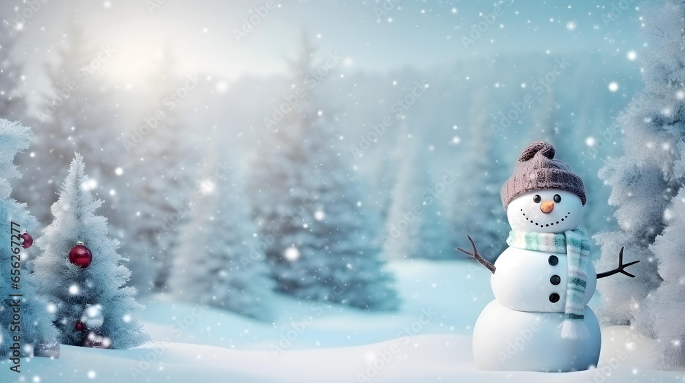 Background with snowman and copy space. A snowy landscape. Christmas concept. Generative AI. Background with snowman and copy space. A snowy landscape. Christmas concept. Generative AI.
