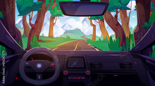 Car dashboard with forest road view through windshield. Vector cartoon illustration of automobile interior with steering wheel, map on gps navigation display, mountains on horizon, travel by auto