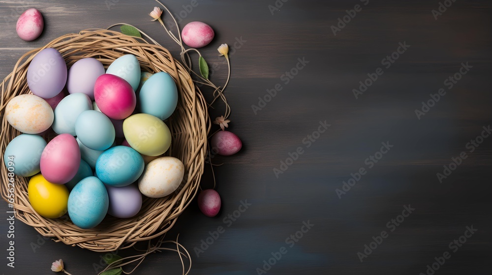 Easter background. Colorful eggs and bird's nest with copy space. Generative AI. Easter background. Colorful eggs and bird's nest with copy space. Generative AI.