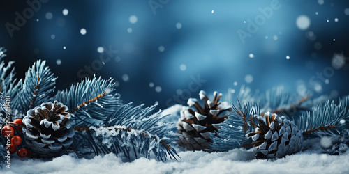 fir branches and pine cones in snow on a blue background in winter for Christmas greeting card for new year