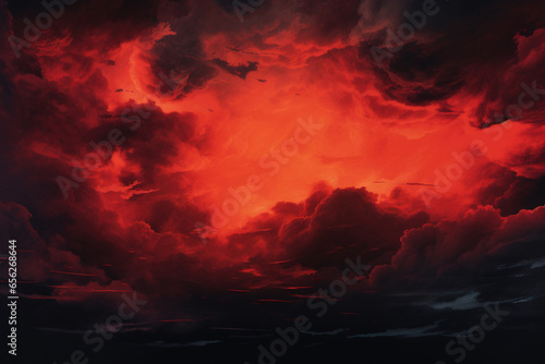 Red dark sky in the sky with clouds. Bright red sunset. horror concept. © SAHANAZ
