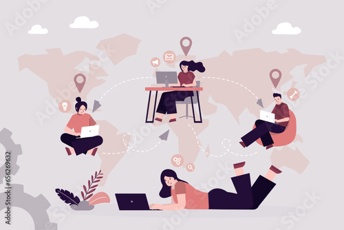 Work outsourcing and telecommuting concept. Business process outsourcing, outplacement, freelance job. Outsourcing service team outside company organization.